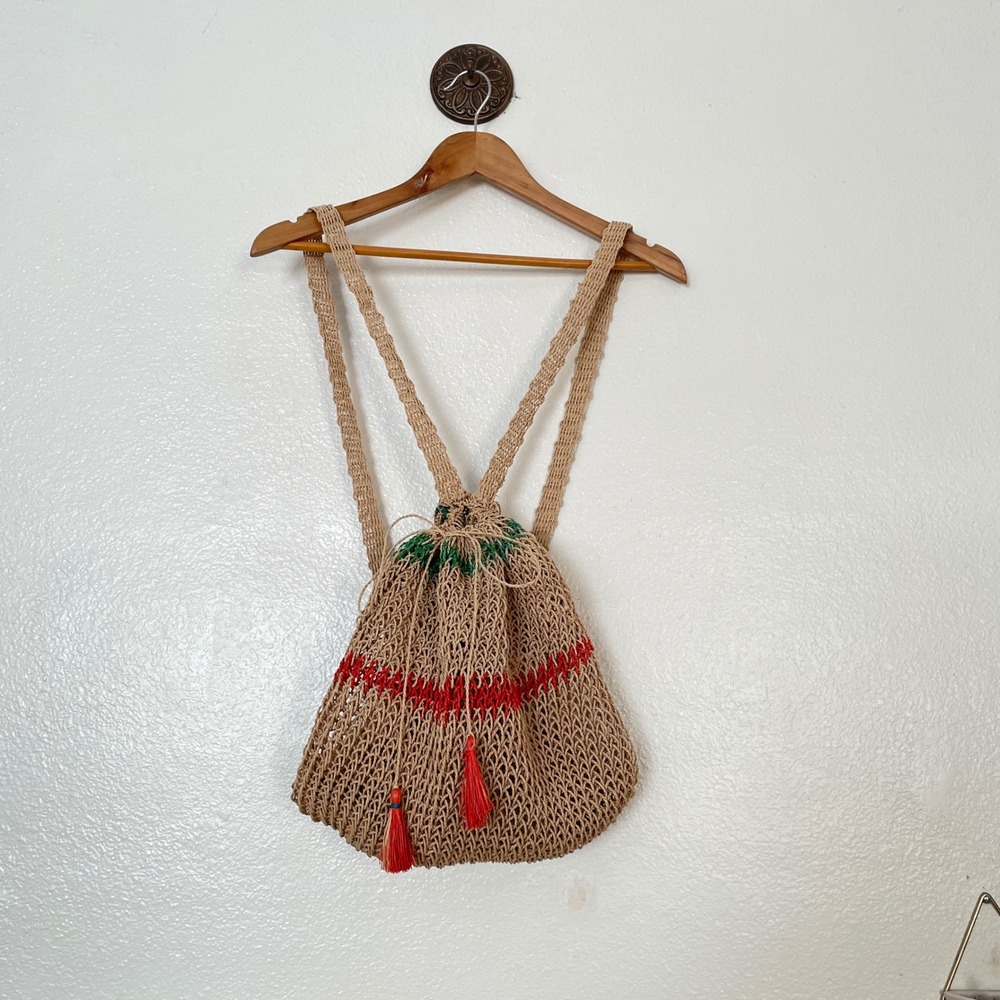 Vintage Woven Straw Drawstring Backpack Tan Red Green Striped Tassel Boho Bag